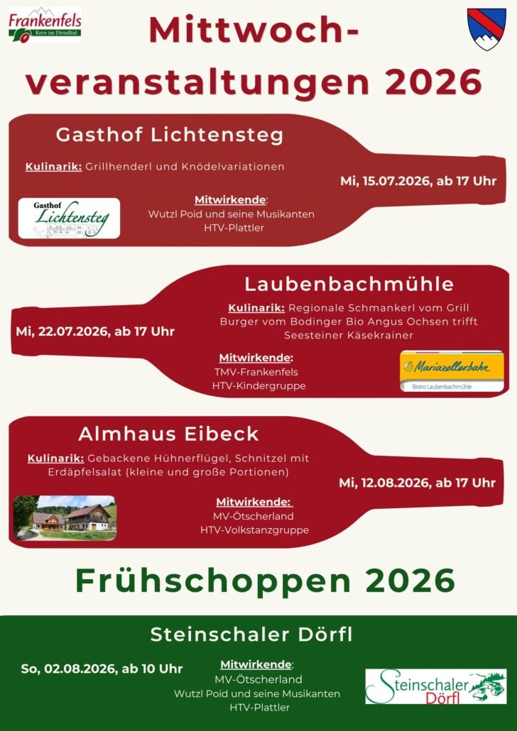 Mittwochveranstaltungen in Frankenfels Sommer 2026 Flyer