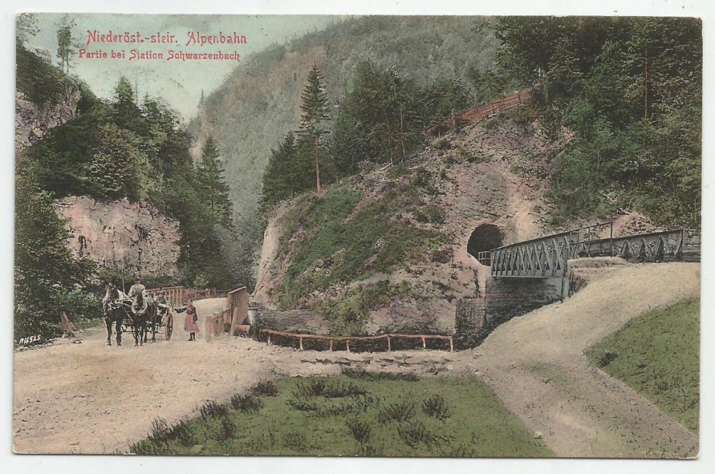 NÖ-steierische Alpenbahn Partie bei Bhf Schwarzenbach historische Postkarte aus ca. 1907