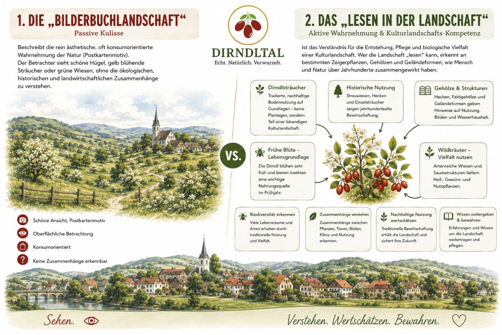 Bilderbuchlandschaft oder Kulturlandschaft? Die Infografik zeigt, wie sich die Landschaft im Dirndltal aktiv „lesen“ lässt und welche Bedeutung Dirndlsträucher, Biodiversität und traditionelle Landnutzung haben.